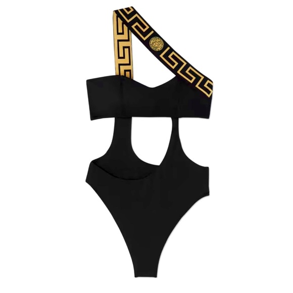 BNWT Authentic VERSACE Womens One Piece Swimsuit Black Gold Greca Design Size 2 - Picture 1 of 4